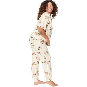 Trendyol Trendyol Dames met Slogan Knit T-shirt Broeken Plus Size Pajamas Set Pyjama Dames, ECRU