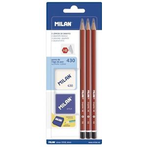 Olówki HB MILAN 3 sztuki + rubber 430 + temperówka AFILA kwadratowa na blistrze