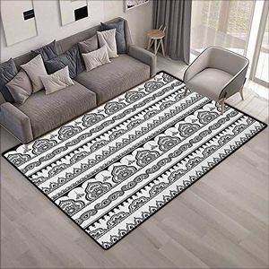 Terrastapijt voor buiten, oosterse henna met verschillende sier- en geometrische vormen, monochrome stijl, rustiek interieur, 0,9 x 1,5 m, zwart en wit