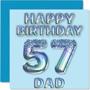 Verjaardagskaart voor papa 57 jaar, blauwe glitterballonnen, verjaardagskaarten voor papa 57 jaar van zoon en dochter, 145 mm x 145 mm
