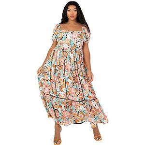 LOVEDROBE Dames Plus Size Zomer Maxi Jurken voor Vrouwen Bloemen Korte Mouw Frilly Pull On Curve Lace High Waist Square Nek, Jurk,, Bloemen