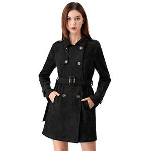 Allegra K Dames trenchcoat van imitatie suède met knoopsluiting voor dames, zwart.