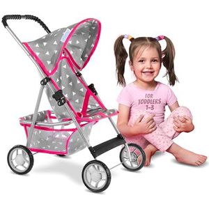 Kinderplay Poppenwagen, poppenbuggy kinderwagen, buggy met veiligheidsgordel en boodschappennet - babyspeelgoed, modern, lichtlopende wielen en zachte grip, KP0280S