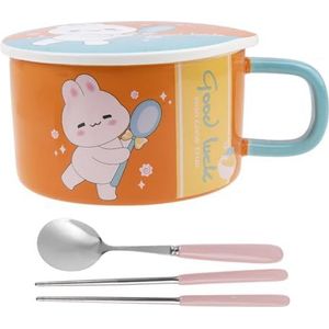 lachineuse - Instant noedelkom - Aziatische ramenkom - Porselein - Konijnmotief - 1000 ml - Met deksel en bestek - Ontbijt, Soep, Rijst - Cadeau-idee Azië Japan China - Oranje