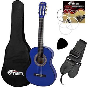 Tiger CLG4 Klassieke 3/4 linkshandige gitaar, 3/4 Spaanse gitaar met tas, reservekoorden, riem en plectrum, ideaal voor kinderen van 9 tot 11 jaar, blauw