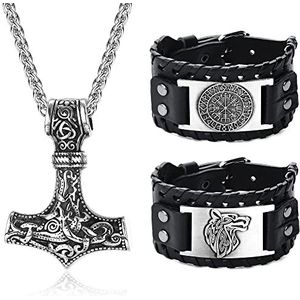 Adramata Viking ketting armbanden voor mannen amulet sieraden Thors Hammer halsketting Norse Vegvisir Viking armband Wolf Fenrir armband set, rvs
