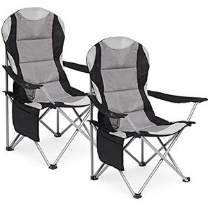 Mondeer Set van 2 gevoerde klapstoelen met hoge rugleuning met bekerhouder en zijzakken voor kamperen, vissen, picknick tot 120 kg, donkergrijs