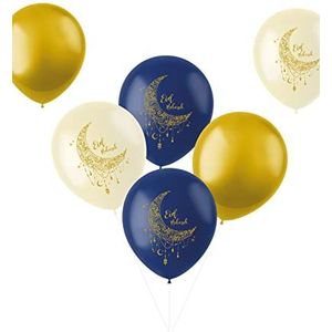 Folat 24888 Eid Mubarak ballonnen, ster, maan, wit, goud, blauw, 33 cm, 6 stuks, Ramadan Aid Mubarak, meerkleurig