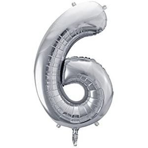 PartyDeco - Mylar-ballon in de vorm van het getal 6 Six, zilver, 86 cm, verjaardag, volwassenen, kinderen, kleur, FB1M-6-018