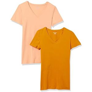 Amazon Essentials Dames-T-shirt met V-hals en korte mouwen, klassieke pasvorm, koraaloranje/goudgeel, maat S