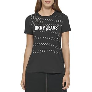 DKNY T-shirt en jean pour femme avec logo All Over Stud Detailling, Noir, S