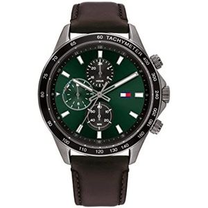 Tommy Hilfiger Multifunctioneel analoog kwartshorloge voor heren met donkerbruine leren band - 1792017, Groen, Riem