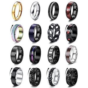 FIOROYAL 16 stuks herenringen van roestvrij staal voor heren en dames, anti-stress, vintage Keltische ring, coole draaibare ring, bruiloft, belofte, herenring, zwart, maat 54-70, Roestvrij staal