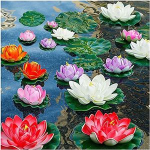 WhistenFla 14 stuks kunstleliekussens voor vijver, 27,9 cm en 15,2 cm, drijvende lotusbloemen van schuim met valse lelies voor zwembad, tuin, visvijver, aquarium, zwembad,