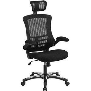 Zwarte draaiende ergonomische directiebureaustoel met hoge rugleuning met gaas, opklapbare armleuningen en verstelbare hoofdsteun