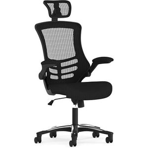 Zwarte draaiende ergonomische directiebureaustoel met hoge rugleuning met gaas, opklapbare armleuningen en verstelbare hoofdsteun