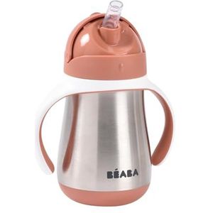 BÉABA, Drinkfles/drinkbeker met rietje, 2-in-1, kinderen, 100% waterdicht, lekvrij, gemakkelijk te openen, afneembare handgrepen, roestvrij staal, gezond, robuust, 250 ml, terracotta