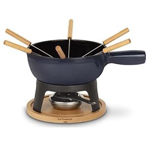 La Fonderie 1890, Fondueset, gietijzer, voor 6 personen, kaas- en chocoladefondue, 6 vorken met beukenhouten handgrepen, sokkel van natuurlijk hout, inhoud 1,8 l