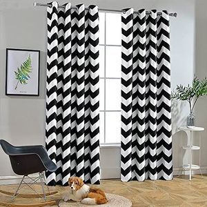 Melodieux Trendy verduisteringsgordijnen met visgraatpatroon voor woonkamer, eetkamer, geluidsisolerende en thermische raamgordijnen voor slaapkamer, 160 cm lang, 132 x 160 cm, zwart-wit (1