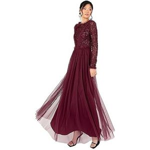 Maya Deluxe Maxi-jurk voor dames, ronde hals, lange mouwen, pailletten, verfraaid, tule, ruches, voor bruiloft, gast, bruidsmeisje, baljurk, dames, Rood