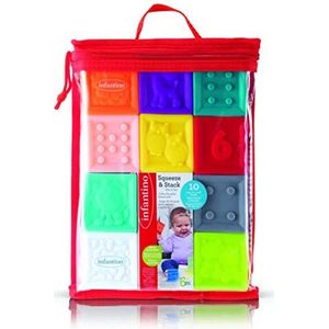 Infantino 10 stuks kleurrijke zachte blokken met cijfers, dieren en vormen voor sensorische verkenning en vroege stapelvaardigheden 206711