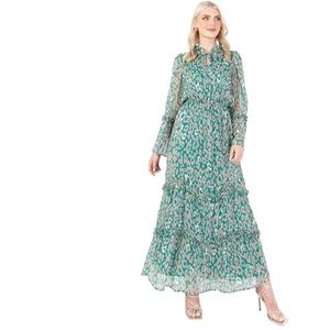 Lovedrobe Maxi-jurk voor dames, hoge hals, lange mouwen, dierenprint, ruffle, Empire, A-lijn, voor bruiloft, gastevenement, gelegenheid, damesjurk (1 stuk), Groen