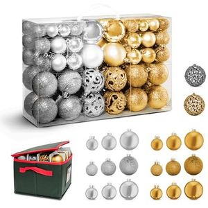 Kraft & Co 100 stuks kerstballen met draagbare draagtas, kerstversiering in zilver en goud, verschillende maten en stijlen kerstdecoraties met opbergdoos