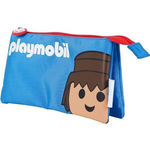 DOHE - Rond schooletui met ritssluiting, officiële licentie, duurzaam polyester, 21 x 7,5 x 7,5 cm, schoolmateriaal, Blauw (Playmobil Core Blue), Playmobil Core tas