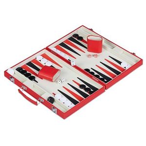 Relaxdays Backgammon Koffer met accessoires, (h x b x d): 5 x 36,5 x 24 cm, elegante lederlook, bordspel, dobbelspel, rood
