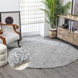 Surya Essentials Modern hoogpolig tapijt voor woonkamer, eetkamer, slaapkamer, abstract tapijt, pluizig, onderhoudsvriendelijk, groot rond tapijt, 120 x 120 cm, grijs