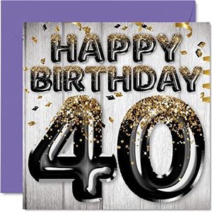 Wenskaart voor de 40e verjaardag voor mannen – ballonnen met glitter zwart en goud – verjaardagskaarten voor de 40ste verjaardag, papa, neef, vriend, broer, oom, 145 mm x 145 mm