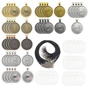 DUGYIRS Hangende Dienbladen Set 40 Stuks Ronde Lege Bezel Hangende Dienbladen met 40 Stuks Glas Cabochon Koepeltegels 40 Stuks Waxed Ketting Koord voor Sieraden Foto Hanger Ambacht Maken