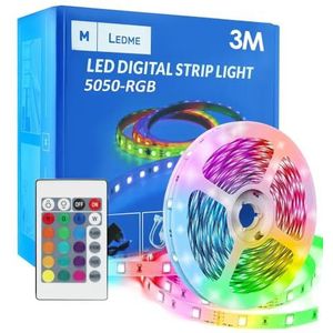 M Ledme - RGB ledstrip, 3 meter ledlicht met lijm, afstandsbediening en netadapter, 5050 chip, meerkleurig dimbaar in intensiteit, super heldere led-strip voor feest, LM2402