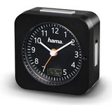 Hama Analoge radiografische wekker (kleine wekker met radio en licht, reiswekker met automatische tijdinstelling, timer met batterij), zwart, 9,5 x 4,5 x 9,5 cm