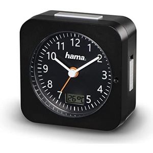 Hama Analoge radiografische wekker (kleine wekker met radio en licht, reiswekker met automatische tijdinstelling, timer met batterij), zwart, 9,5 x 4,5 x 9,5 cm