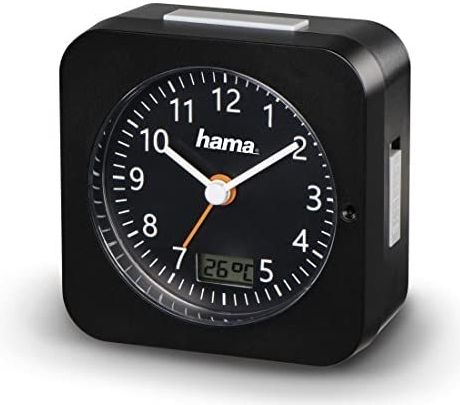 Hama Analoge radiografische wekker (kleine wekker met radio en licht, reiswekker met automatische tijdinstelling, timer met batterij), zwart, 9,5 x 4,5 x 9,5 cm