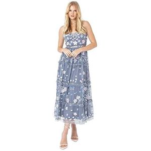 Maya Deluxe Womens Midi Ladies Embroidered Floral Ruffle Sleeveless V Neck Dress for Wedding Guest Bridesmaid Prom Evening Robe Femme, Dusty Blue, 40