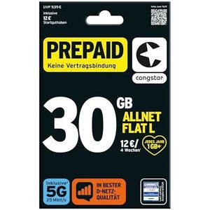 congstar Allnet Flat Plus [SIM, Micro-SIM en Nano-SIM] Maandelijks contract (1 GB data met vaste snelheid bij 21 Mbit/s, Allnet Flat in alle Duitse netwerken)