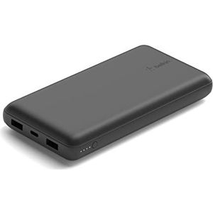 Belkin USB-C-powerbank 20.000 mAh (20 K vermogen, USB-C-ingang en uitgang, 2 USB-A-poorten, USB-C-naar-USB-A-kabel inbegrepen, voor iPhone, Galaxy enz.) - zwart