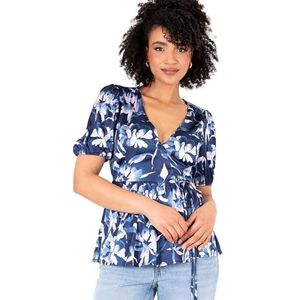 Lovedrobe Dames Wrap Top Short Puff Sleeve V-hals Bloemen Print Peplum Satijn Blouse Smart Casual Office Wear Blouse Dames (1 stuk), marineblauw