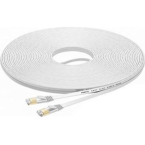 Fosto Cat7 Ethernet-kabel, 30 m, Categorie 7, plat, RJ45, High Speed 10 Gbps LAN Internet voor Xbox, PS4, modem, router, switch, pc, tv-behuizing, 30 m, wit