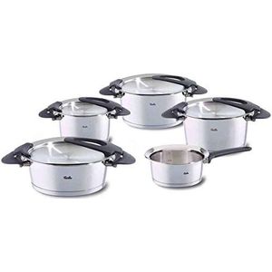 Fissler intensa/roestvrij stalen pannenset, 5-delig, kookpannenset, potten met deksel, stapelbaar, gietshulp, inductie, alle warmtebronnen (3 kookpannen, 1 braadpan, 1 steelpan zonder deksel)