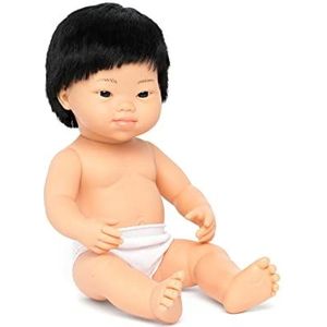 Miniland Aziatische babypop voor jongens met syndroom van zacht vinyl, 38 cm, in transparante tas (31235), naturel