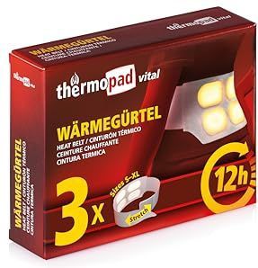 Thermopad verwarmingsgordel maat S-XL (stretch/klittenbandsluiting). Het origineel: 3 verwarmingsriemen voor 12 uur warmte, gebruiksklare verwarmingsgordel met extra hete verwarmingscellen, nierwarmer/rugwarmer