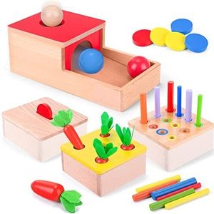 Houten speelgoed vanaf 1 jaar, 4-in-1 Montessori motorisch speelgoed voor baby's vanaf 10 maanden, jongens en meisjes, objectpermanentie, sorteerspel, houten puzzel voor kinderen, Pasen, Kerstmis, dag