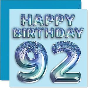 Verjaardagskaart 92e verjaardag heren - blauwe glitterfeestballon - verjaardagskaarten voor mannen van 92 jaar, overgrootvader, opa, opa, opa, opa, opa, opa, opa,
