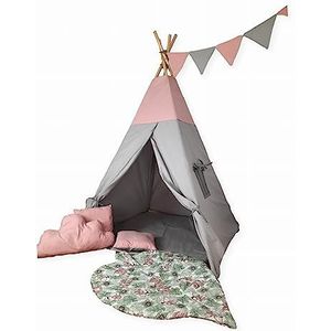 Tipoo -Tipi Dirty Pink Tent met grijs kussen, bladvormig tapijt, slinger, stabilisator