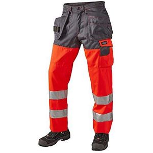 J.A.K. 1110087092 Serie 11100 Broek, 70% polyester/30% katoen met hangzakken, EN 20471, klasse 2, rood/grijs, 52 R (36/32) maat, Rood/Grijs