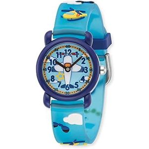 Herzengel Analoog kinderhorloge van robuust kunststof met zachte kunststof band, gesp - 27 mm/3 ATM - met etui, Behuizing: donkerblauw - Wijzerplaat: veelkleurig - Band: blauw, PILOT