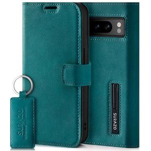 SURAZO Leren beschermhoes voor Google Pixel 8 Pro, opvouwbare hoes, echt leer, met magneet, kaartenvak, RFID-bescherming, standfunctie, flip case, turquoise